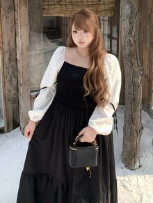 Bijouette Plus Size Polka Dot & Solid Color Patchwork Long Sleeve Dress, Loose A-Line Bowknot Waist + Multi-Layer Tiered Ruffle Hem, Flattering Belly & Hip Coverage, Slimming For Pear & Apple Body Shapes, All-Size Friendly, Non-Constricting, Japanese Gentle Style For Commute, Date, Travel & Sightseeing - Black - View 6