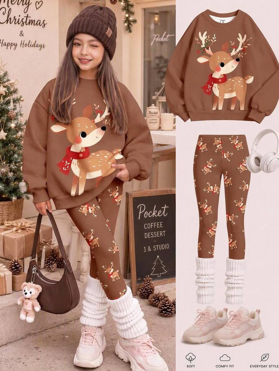 Tween Girl 1pc Christmas Elk Print Drop Shoulder Pullover Sweatshirt & 1pc Leggings Set - Multicolor - View 1