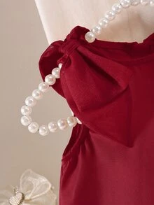 SHEIN 女嬰優雅可愛拼色蝴蝶結無袖洋裝 - 酒紅色 - 查看 4