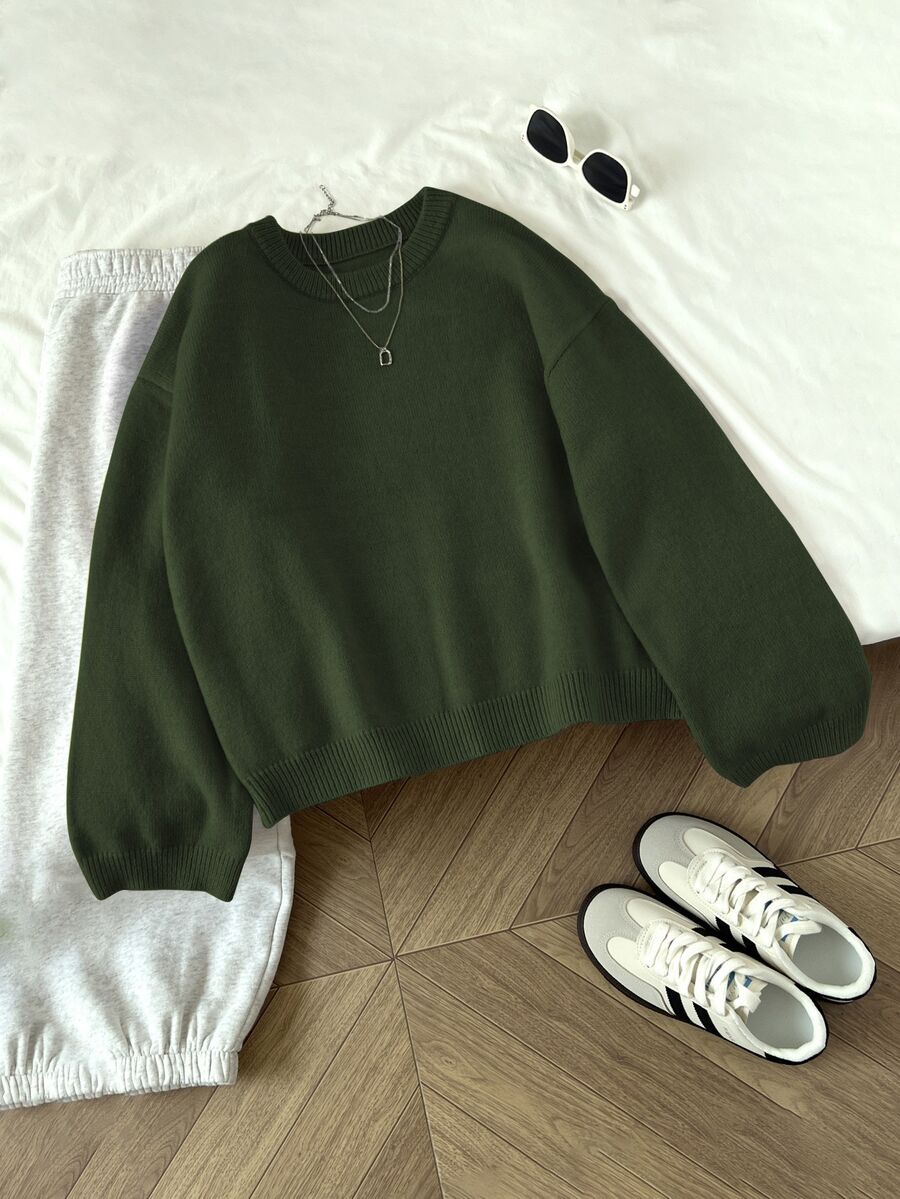 Elamini Women's Solid Color Crew Neck Long Sleeve Casual Pullover Sweater, Autumn/Winter, Christmas - Army Green - View 1