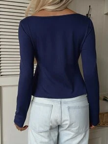 CovetEZ 白色休閒浪漫優雅女款對比蕾絲甜心領長袖T恤，適合日常白天約會度假秋季穿著 - 藏蓝色 - 查看 2