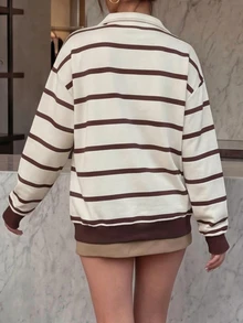 Cévolie Women's Loose Striped Half-Zip Stand Collar Drop Shoulder Sweatshirt, Casual Loose Minimalist Versatile, Suitable For Daily Wear - Apricot - View 3