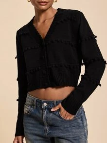 Travachic Women's Solid Color Pom Pom Design Long Sleeve Elegant Single-Breasted Knit Cardigan - Black - View 7