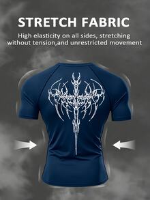 Gym Rark Men's 2Pcs Athletic Outfit, Slim Fit Quick Dry Short Sleeve Compression Tee & Printed Drawstring Jogger Pants, Abstract Thorn Graphic Gym Set - Royal Blue - View 2