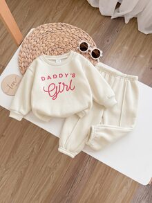 SHEIN 女嬰針織秋冬字母圖案長袖衛衣與鬆緊腰長褲 2件套 - 米色 - 查看 1