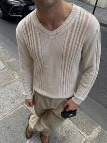 Manfinity Hypemode 秋季新款 V 領長袖輕量針織麻花編織百搭男士套頭毛衣 - 淺灰色 - 查看 3