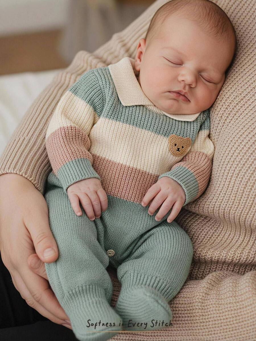 Cozy Pixies Kids Newborn Patchwork Textured Colorblock Striped Lapel Cartoon Bear Pattern Knitted Autumn Romper - Green - View 1