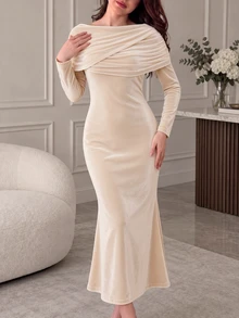 NOVVYNE Đầm midi nữ màu trơn xếp ly phong cách thường ngày dự tiệc mùa hè - Màu be - Xem 9
