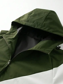 Gym Rark New Arrival Men's Drawstring Hooded Jacket, V-Shaped Colorblock Patchwork, Diagonal Zipper Pockets, Full Zip Front, Elastic Cuffs And Hem, Casual Sports Spring/Autumn Outerwear - Army Green - View 4