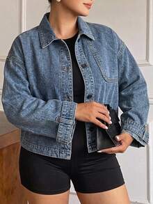Dazy Plus Áo khoác denim dáng rộng tay cánh dơi mùa thu, cổ bẻ, đường chỉ tương phản và túi, áo khoác ngoài phong cách đường phố thường ngày đi làm - Rửa nhẹ - Xem 4