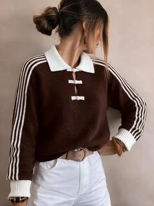 Breezaya New Chinese Style Casual Relaxed Vintage Lapel Frog Button Half-Open Front Women's Sweater - Coffee Brown - View 3