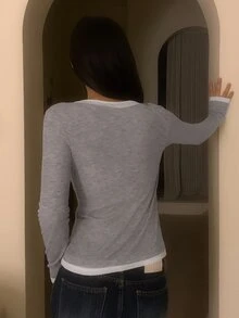 DAZY 女款拼接撞色修身長袖休閒日常韓系百搭春秋上衣T恤 - 灰色 - 查看 2