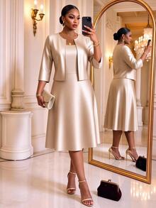 SHEIN Lady CURVE Plus Size Women Solid Color Dress And Cardigan Casual 2 Pieces Set - Gold - View 4