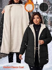 SHEIN CURVE+ Plus Size Zip-Up Hooded Padded Coat With Pockets, Long Sleeve, Winter - Black - View 7