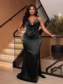 Veslaya New Olive Green Satin High Neck Backless Spaghetti Strap Dress With High Slit And Pleated Design, Perfect For Dates, Parties, Cocktail Events, Weddings, Birthday Parties, Vacations And Formal Occasions - Black - View 3