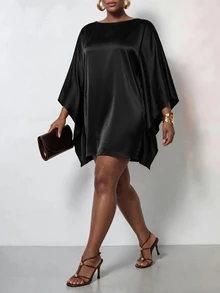 Zivah New Fall/Winter Plus Size Women's Brown Cape With Batwing Sleeves Mini Dress/Vacation/Elegant/Holiday/Party/Festival/Boho/Concert/Office/Commuting - Black - View 5