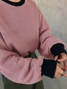 FRIFUL 女款條紋圓領落肩長袖休閒寬鬆T恤度假風 - 粉色 - 查看 2