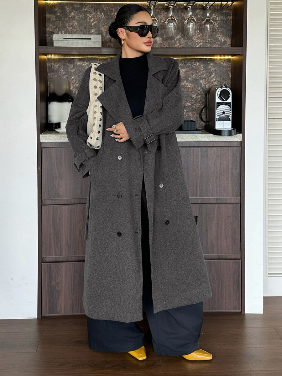 Dazy Plus Solid Color Loose Long Double-Breasted Coat Jacket Elegant Formal Old Money Korean Style Autumn/Winter Thickened Wool - Grey - View 1