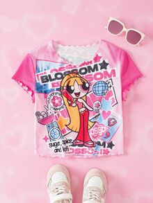 THE POWERPUFF GIRLS X SHEIN Tween Girl Letter Cartoon Print Casual Daily Short Sleeve T-Shirt - Pink - View 1