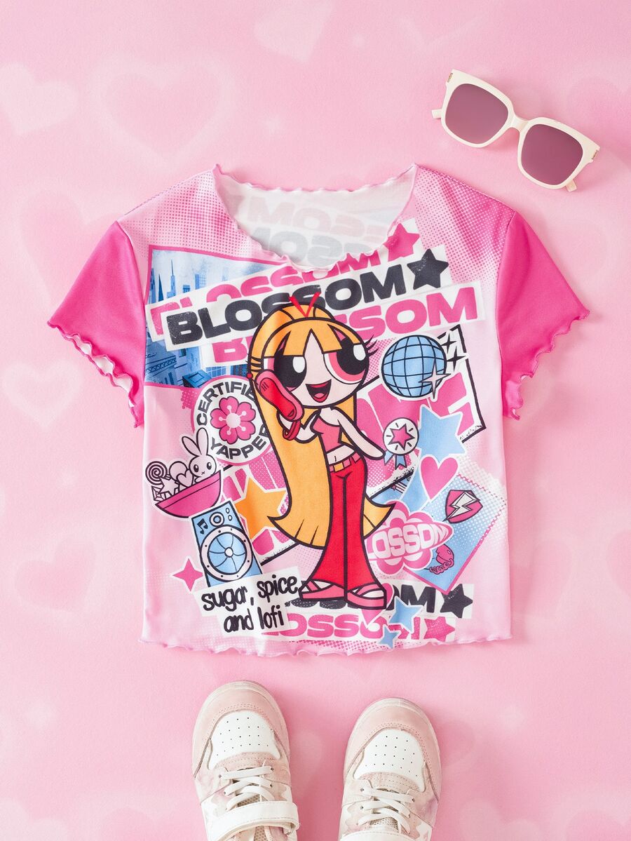 THE POWERPUFF GIRLS X SHEIN Tween Girl Letter Cartoon Print Casual Daily Short Sleeve T-Shirt - Pink - View 1