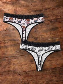 HARRY POTTER X SHEIN Women's Lace Patchwork Cartoon Print Casual Daily Thong Panties - Pink - View 2