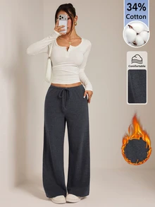 SHEIN PETITE بنطلون طويل كاجوال يومي للنساء بلون موحد وخصر برباط سحب - رمادي غامق - مشاهدة 5