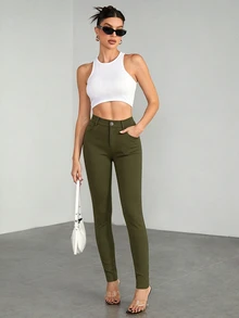 SHEIN Tall 休閒百搭純色修身長褲，適合高個女性 - 軍綠色 - 查看 3