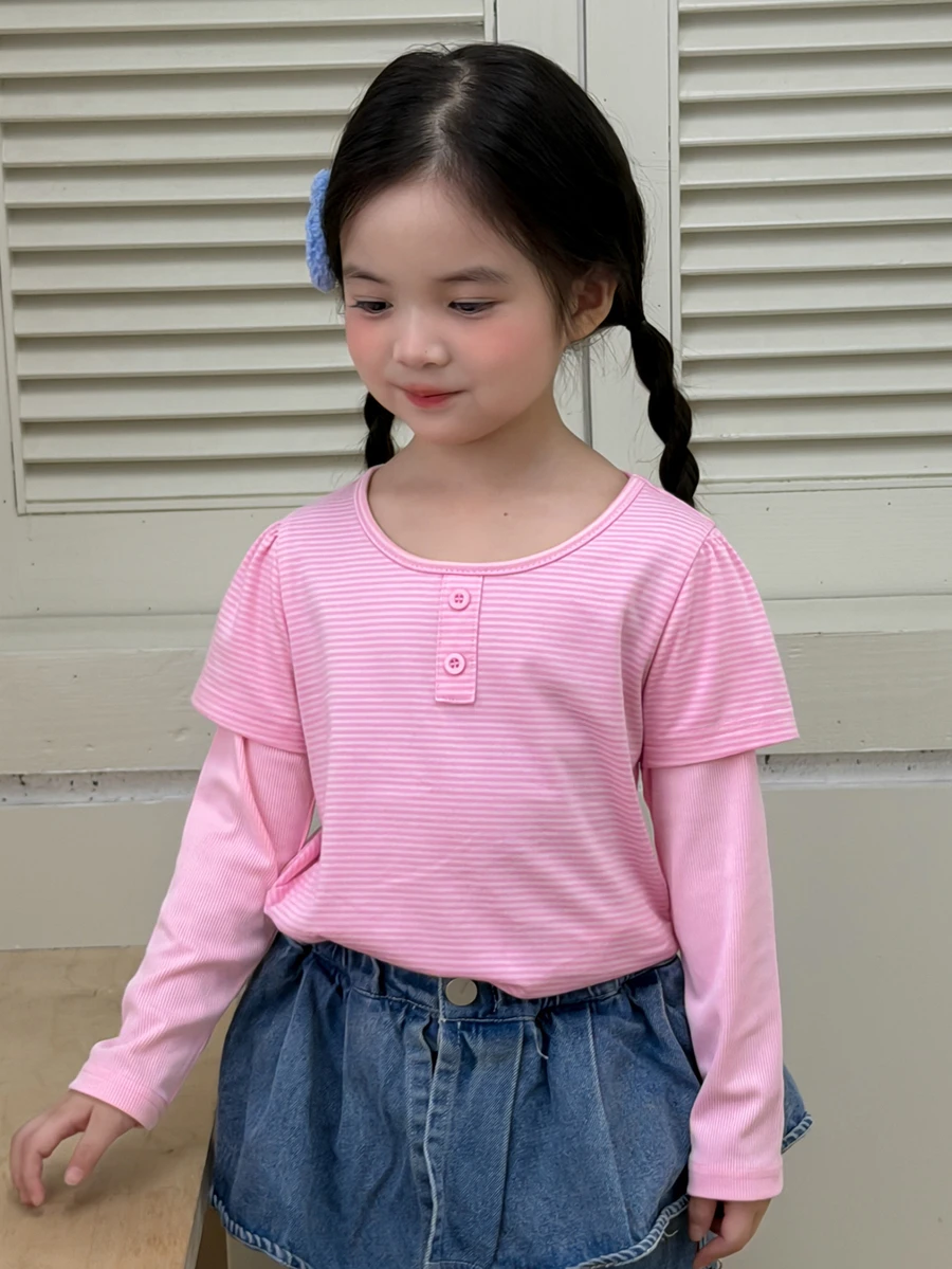 Dazy Kids 女童條紋拼接 2 合 1 休閒百搭日常長袖 T 恤 - 粉色 - 查看 1