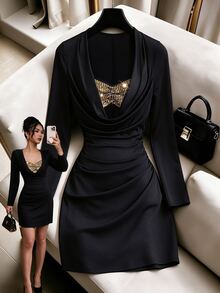 GlowEve Women's 2026 New Elegant Party Sequin Patchwork Cowl Neck Long Sleeve Dress - Black - View 1