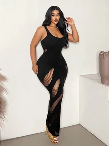 Maweii Plus Size Women's Solid Color Hollow Design Sleeveless Fitted Sexy Dress - Black - View 5