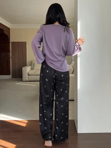 DAZY 2pcs/Set Women's Pajama Set, Loose Letter Print Long Sleeve T-Shirt & Sweet Floral Straight Leg Long Pants - Purple - View 2