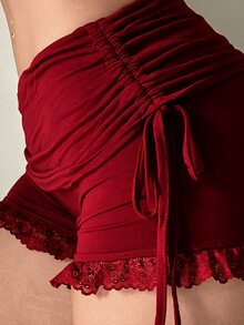 SHEIN ICON Y2K 黑色修身抽繩腰飾褶邊舒適休閒短褲套裝 - 酒紅色 - 查看 8