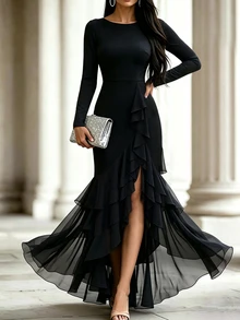 SHEIN Women's Round Neck Long Sleeve Fitted Contrast Mesh Ruffle Hem Slit Dress, Suitable For Date, Outing - Black - View 1