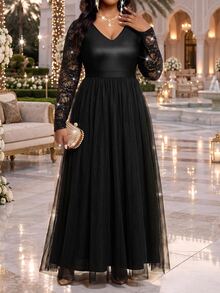 Fleurora Plus Size Women's Solid Color Patchwork Sequin Lace Long Sleeve Elegant V-Neck Dress - Multicolor - View 6