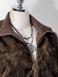 SHEIN ICON سترة فرو صناعي أنيقة للنساء بمقاسات كبيرة مع سحاب أمامي وجيوب - بني مخاوي - مشاهدة 11