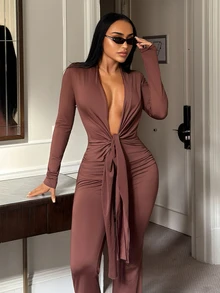 SHEIN SXY Women's New Brown Long Sleeve Jumpsuit For Night Out - Coffee Brown - View 4
