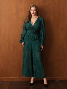 Roveilla Plus Size Women's Casual Minimalist Woven Cut-Out Textured Wide Leg Jumpsuit For Commuting, Outings And Dates - Dark Green - View 5