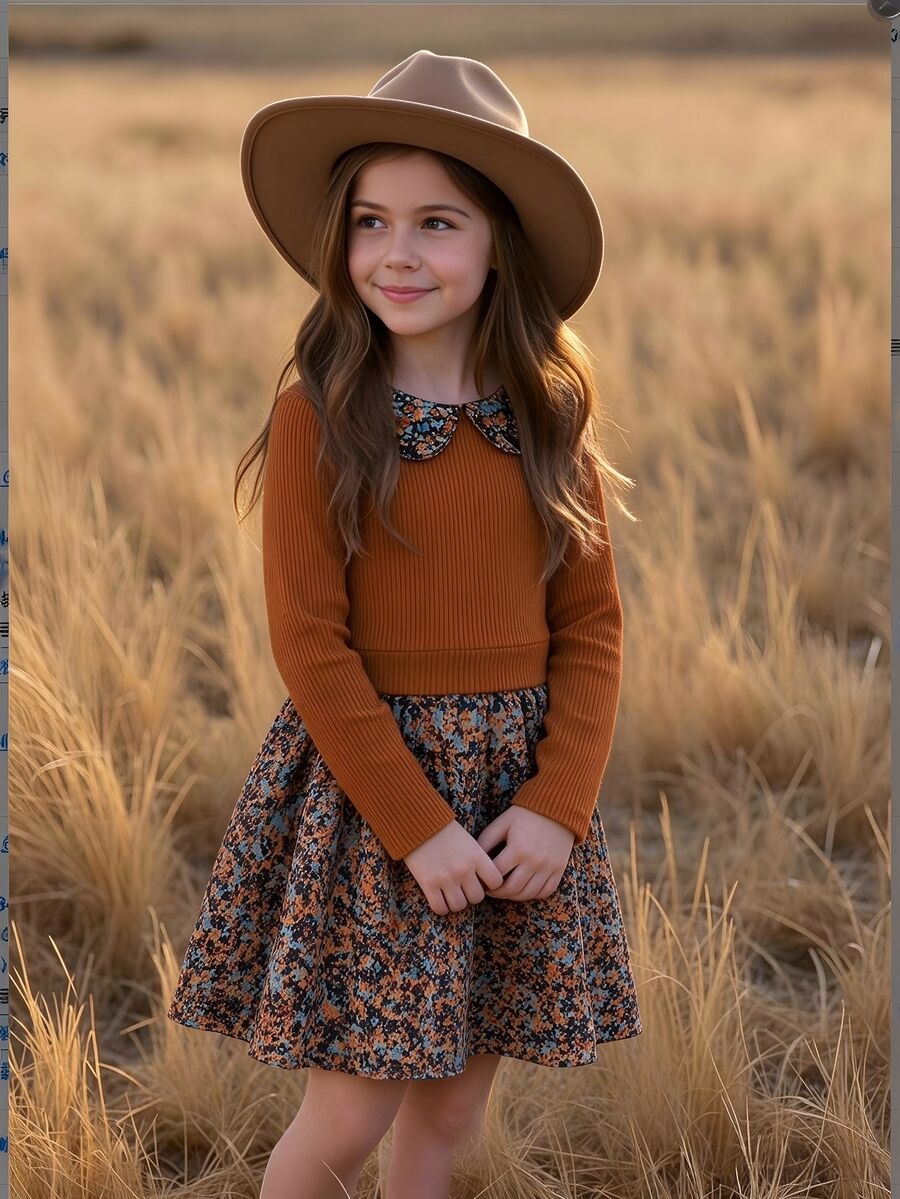 SHEIN Vintaside Kids فستان أنيق للبنات بتصميم 2 في 1، منسوج جاكار بنقشة وردة مع رقعات وطباعة رقمية زهرية وياقة مكشكشة، للخريف - بني داكن - مشاهدة 1
