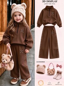 SHEIN 女童 2 件套休閒時尚春夏秋冬女孩立領運動衫與寬腿運動褲套裝，甜酷豹紋圖案，豹紋蝴蝶結印花設計，外出穿搭，柔軟面料，時尚寬腿褲風格，春夏秋冬女孩服裝套裝，女孩寬腿褲套裝 - 黑色 - 查看 3