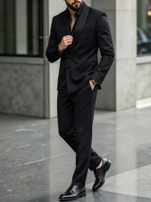 Manfinity Bizformal بدلة رجالية بلون موحد مع جاكيت بأكمام طويلة وبنطلون، مناسبة للزفاف والحفلات وحفلات التخرج والاجتماعات التجارية - الأسود - مشاهدة 5
