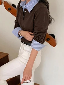DAZY Áo len nữ phong cách Hàn Quốc phối patchwork phối màu tương phản 2 trong 1, tay dài, cổ bẻ, kiểu thường ngày đi du lịch, thu/đông - màu nâu - Xem 6
