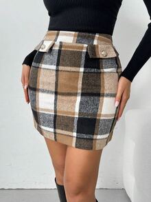 EMERY ROSE Plus Size Women's Autumn/Winter Fashion Casual Daily All-Match Versatile Khaki Large Grid Mini Skirt Fall - Multicolor - View 5