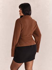 CovetEZ Plus Size Front Button Closure Waist Cinched White Long Sleeve Shirt Fall - Brown - View 2