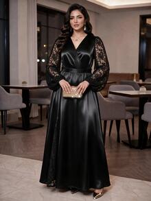 Auveirra Plus Size Women's Contrast Lace Lantern Sleeve Overlap V-Neck Elegant Dress - Black - View 1