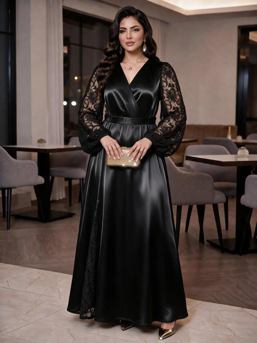 Auveirra Plus Size Women's Contrast Lace Lantern Sleeve Overlap V-Neck Elegant Dress - Black - View 1