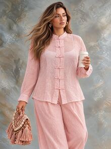 Ceyna Women's Plus Size Autumn Stand Collar Frog Button Waist-Cinching Long Sleeve Casual Blouse For Date, Party And Commute - Pink - View 3