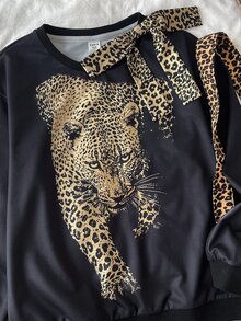 SHEIN Tween女孩連帽抽繩黑白波點字母印花前開襟拉鍊運動衫 - 黑色 - 查看 7