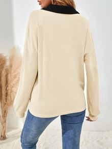 SHEIN 女款純色落肩長袖半開襟鈕扣寬鬆休閒T恤 - 杏色 - 查看 2
