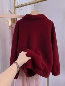 SHEIN CURVE+ 巧克力棕大尺碼女款字母印花羊羔絨衛衣，秋冬款 - 酒紅色 - 查看 3