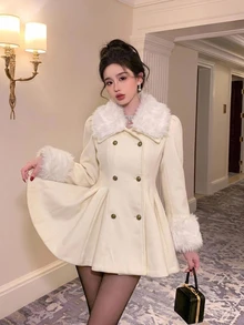 DAZY 秋冬優雅純色毛領A字版型女款大衣 - 米色 - 查看 3